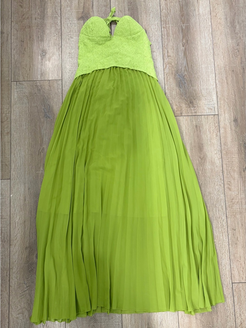 Green Lace Corset Maxi Dress Pleated Chiffon Halter Size S